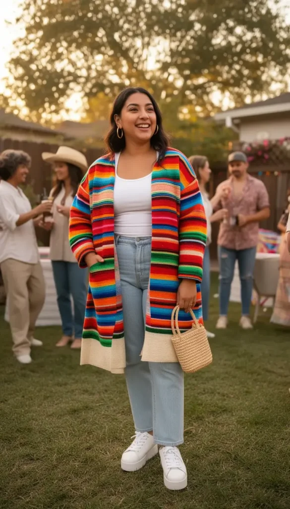 Mixed-race Latina woman in an authentic hand-woven Mexican serape jacket over a white tank and jeans at a casual Cinco de Mayo gathering