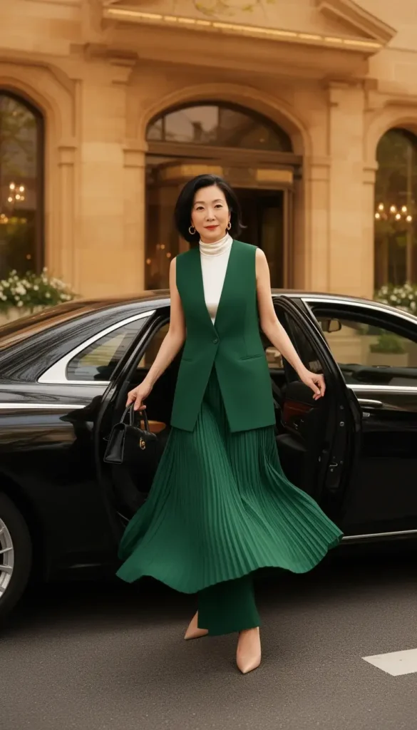 An East Asian woman in a forest green pleated wide-leg trouser and sleeveless waistcoat suit getting out of a car in front of an upscale restaurant, skirt in motion.
