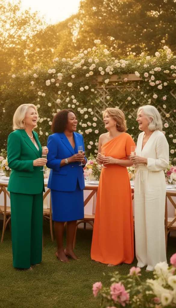 Four women over forty in bold, elegant Mother's Day outfits including an emerald pantsuit, cobalt blazer dress, tangerine gown, and ivory jumpsuit laughing at a spring garden party.