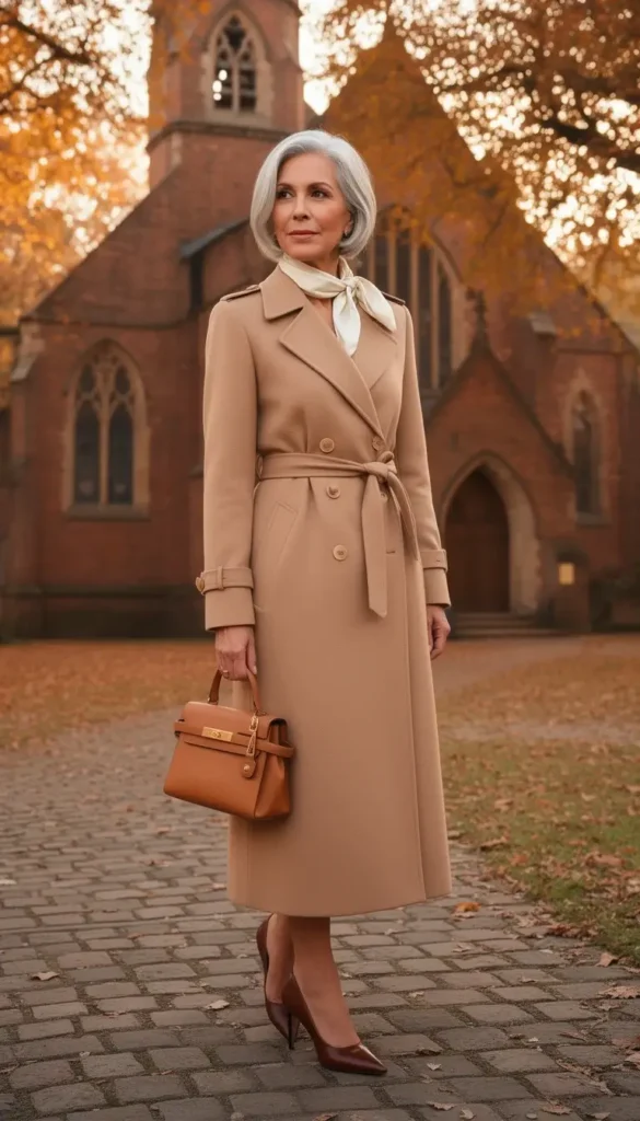 A woman in a camel belted trench midi dress wearing chocolate heels and a silk scarf, photographed outside a church in soft autumn light.