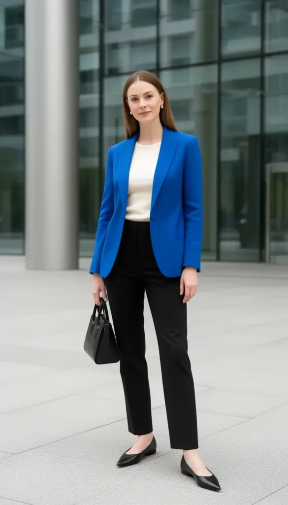 Tall white woman in a cobalt blue blazer and black trousers standing outside a modern office building