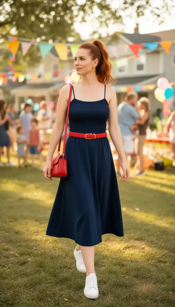 Auburn-haired woman in a navy smocked midi dress with a red woven belt and white sneakers at a summer park celebration.