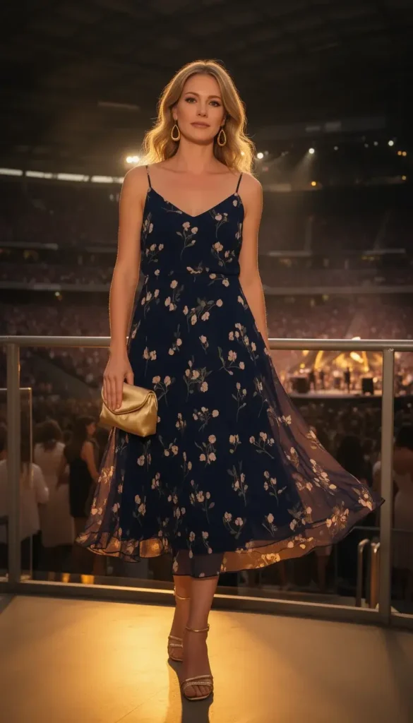 Woman in a dark navy floral chiffon midi dress with gold sandals on a stadium mezzanine at a concert
