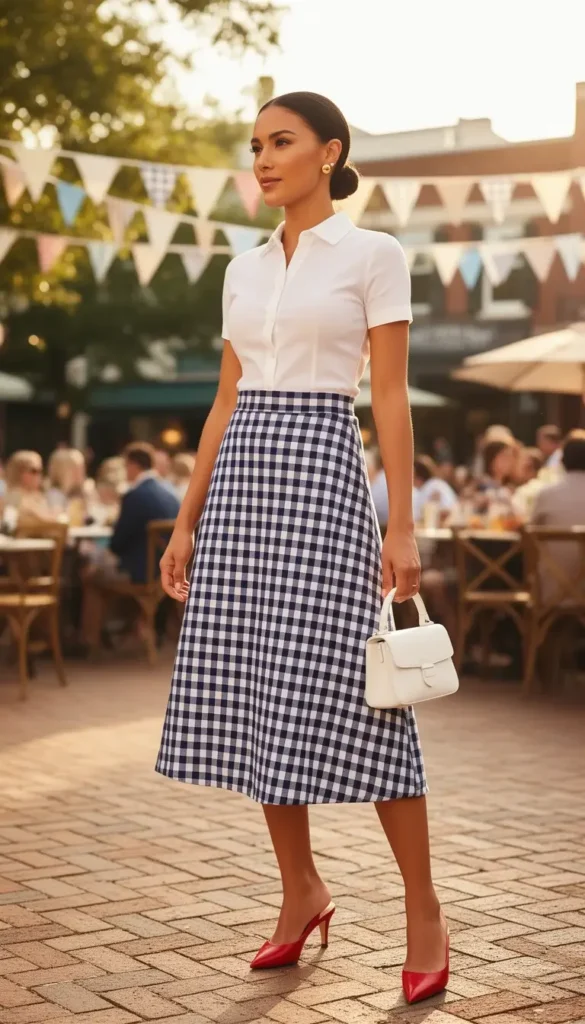 Petite woman in a navy and white gingham midi skirt with a white top and red pointed-toe mule heels at a sunny outdoor summer event.
