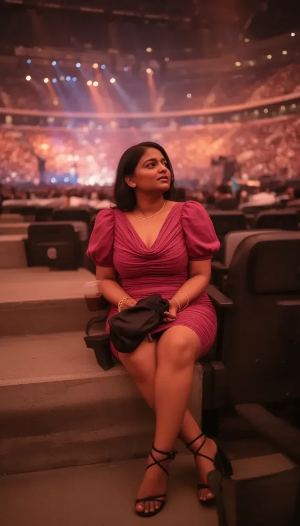 South Asian woman in a deep rose ruched mini dress sitting at a stadium concert step with a drink