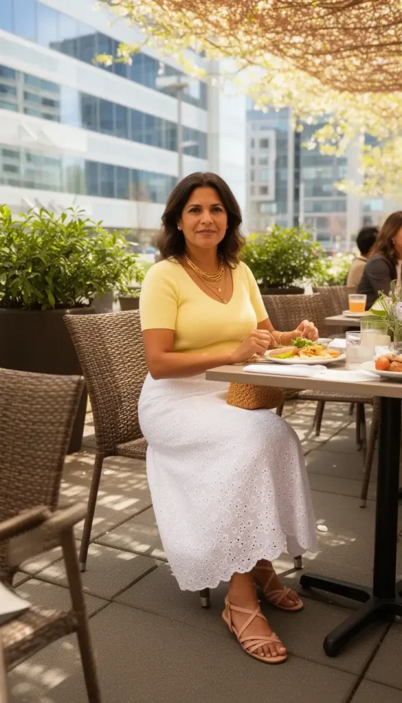 A woman in a white broderie anglaise midi skirt and yellow knit top having lunch at an outdoor restaurant patio near her office, with a tan woven bag and gold necklaces.