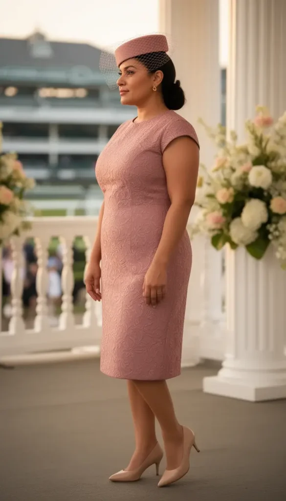 Woman in a dusty rose pillbox hat with a short veil at a Kentucky Derby VIP area