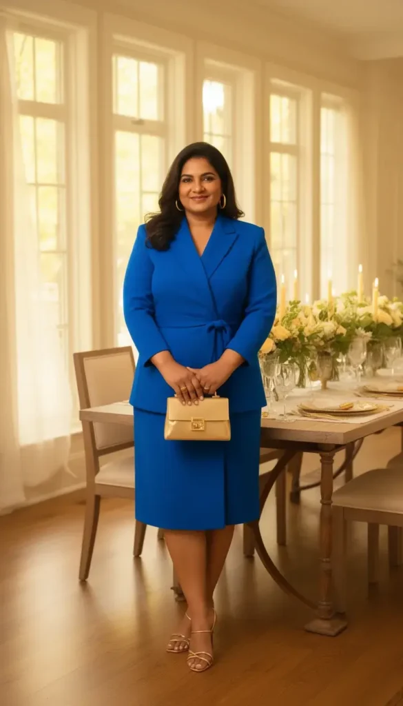 A South Asian woman in a cobalt blue structured blazer dress with a gold belt and gold heeled sandals standing in front of an elegantly set Mother's Day dining table.