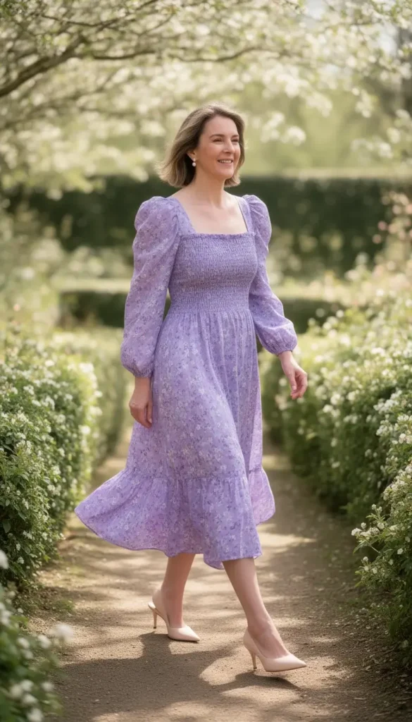 A woman in a lavender floral midi dress with puff sleeves walking through a garden, captured candidly mid-stride in soft dappled light.