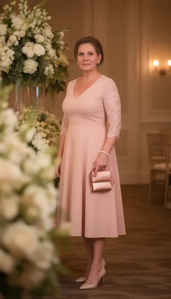 A woman in a blush pink lace-overlay A-line midi dress standing beside a tall floral arrangement at a wedding reception, wearing pearl jewelry and holding a rose gold clutch.