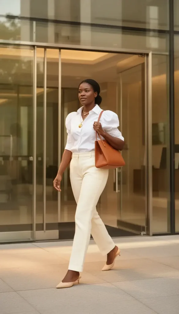 A woman in cream linen trousers and a white puff-sleeve poplin shirt walking into a modern office building in the morning, with a cognac leather tote.