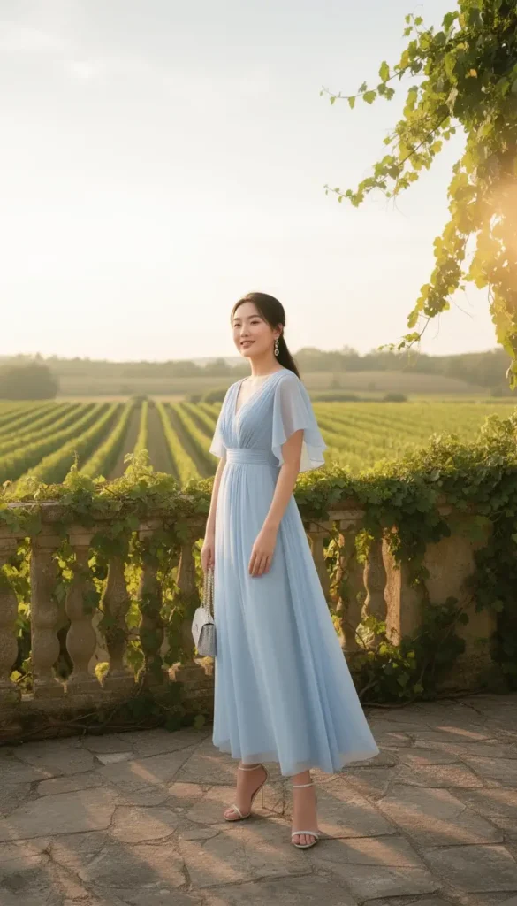 A woman in a pale blue chiffon flutter-sleeve dress standing on a vine-covered terrace at a vineyard wedding, in warm golden-hour light.