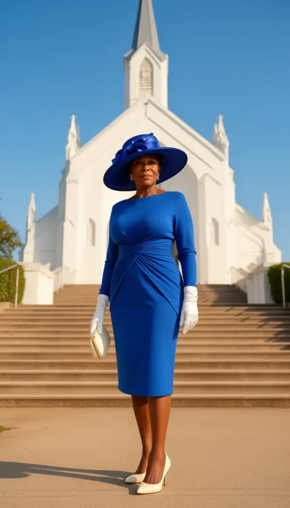 A woman in a royal blue modest midi dress wearing a large brimmed matching church hat and white gloves, photographed outside a church in bright morning light.