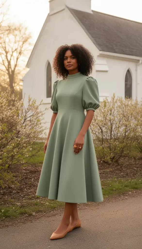 A woman in a sage green high-neck puff-sleeve midi dress with pointed flats, photographed outside a church in soft spring morning light.