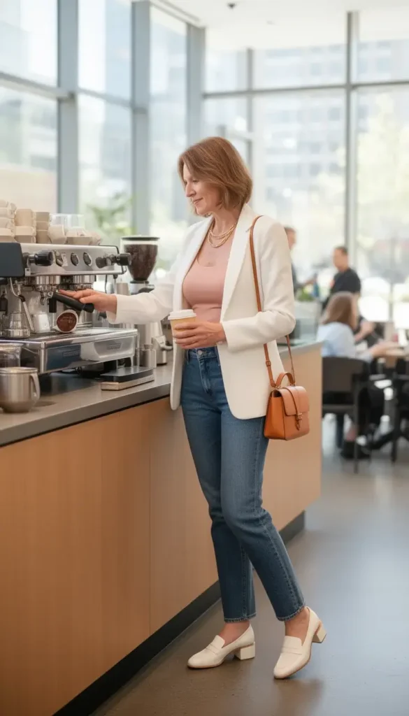 A woman in a white blazer, blush cami, and straight-leg jeans ordering coffee at a bright morning coffee shop near her office.