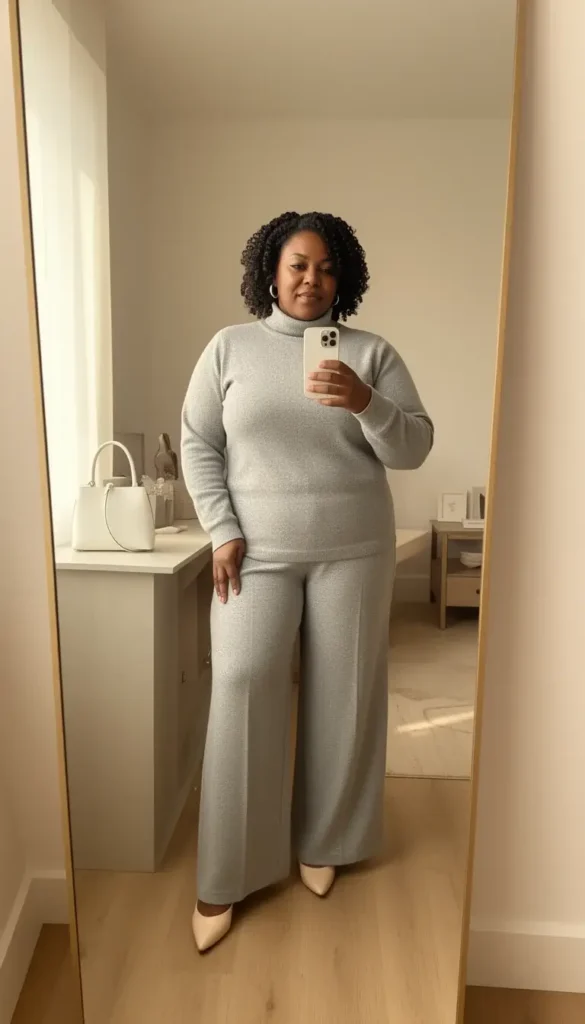 Curvy Black woman in a monochrome grey turtleneck and wide-leg trousers photographed in a full-length mirror