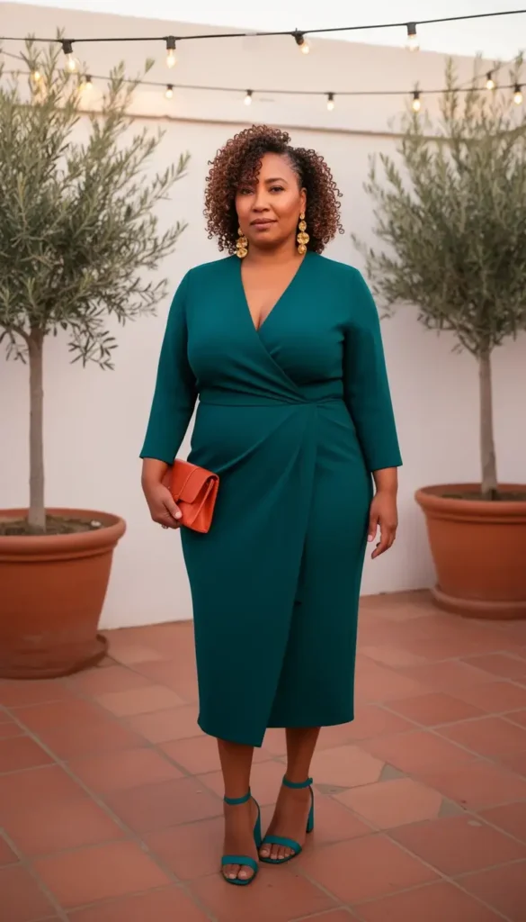 Curvy woman in a deep teal wrap midi dress with gold drop earrings and block heels at an outdoor event space.