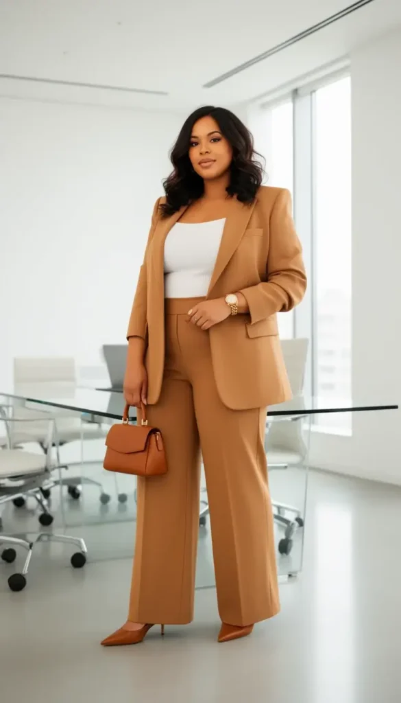 Curvy woman in a caramel oversized blazer and wide-leg trouser monochrome suit with cognac bag in a modern office interior.