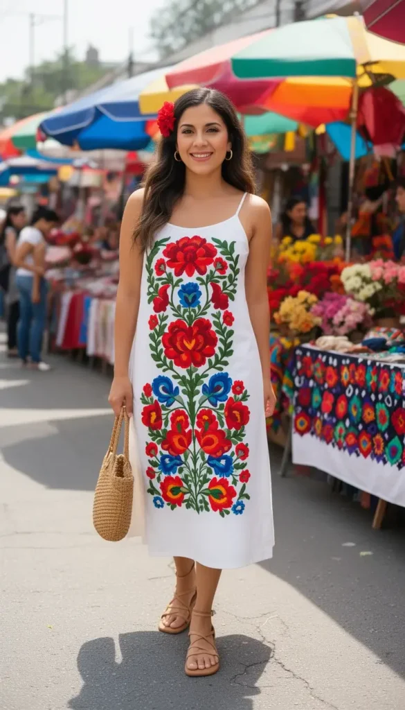 Latina woman in a white cotton dress with a Tenango-inspired floral embroidery print at a Cinco de Mayo daytime market