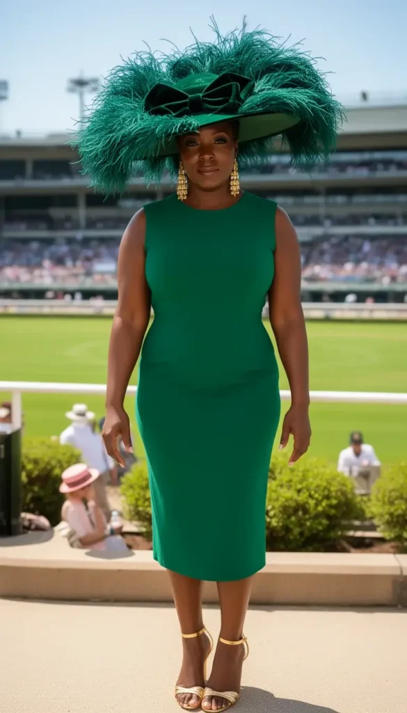 Black woman in a vivid emerald wide-brim hat with full feather trim and a velvet bow at the Kentucky Derby grandstand