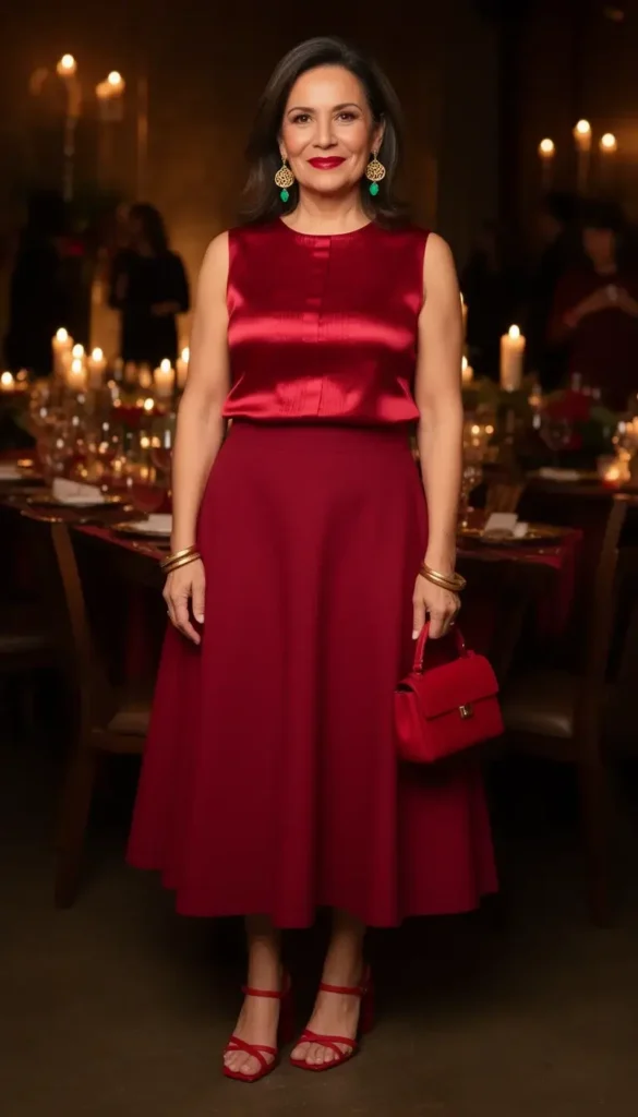 Mexican-American woman in a deep red monochromatic silk blouse and midi skirt with gold filigree jewelry at an elegant Cinco de Mayo dinner