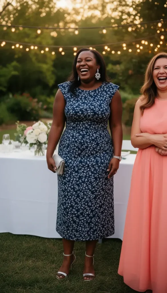 A woman in a navy floral midi dress laughing with a friend at an outdoor spring wedding reception, in warm early evening light.