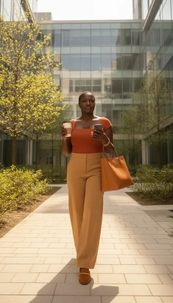 A tall Black woman in camel wide-leg trousers and a rust orange square-neck top walking between office buildings with a coffee cup and phone.
