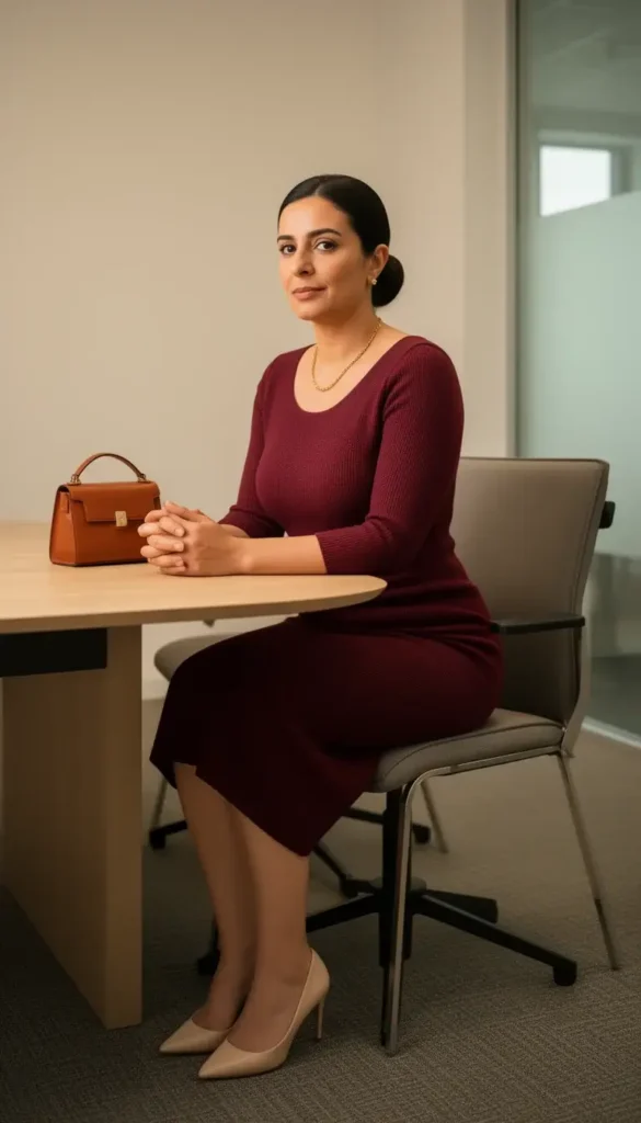 Middle Eastern woman in a burgundy knit sheath dress seated in a modern interview room