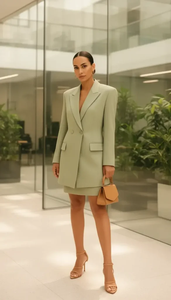 Woman in a sage green structured blazer dress with tan heeled sandals in a glass-walled modern office atrium.