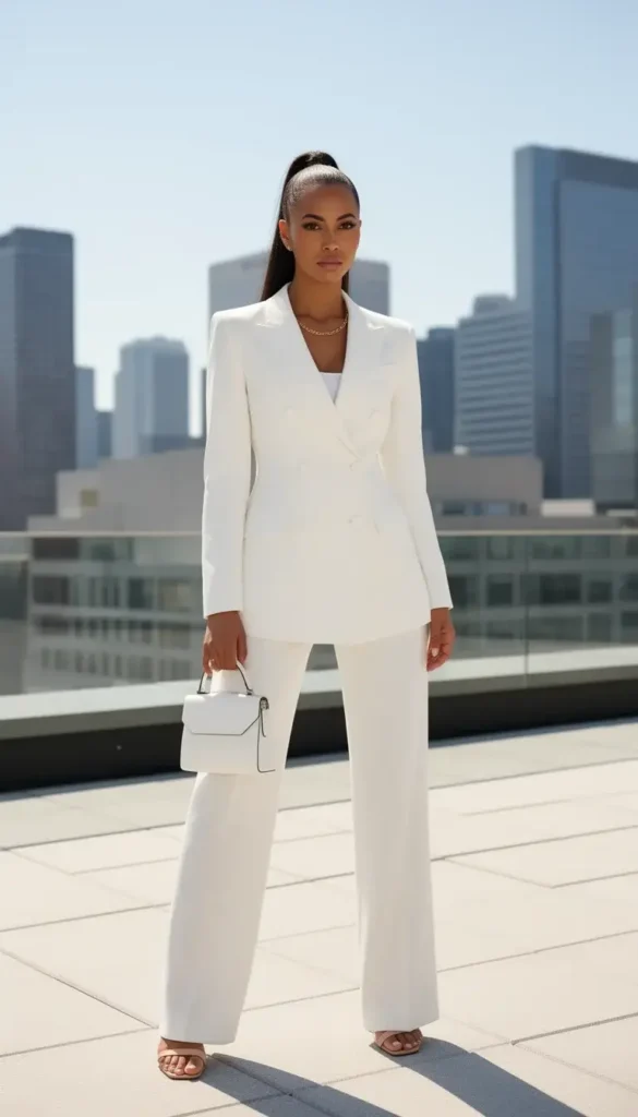 Slim woman in a white double-breasted trouser suit with wide legs and nude heeled sandals on a sunlit modern office terrace.