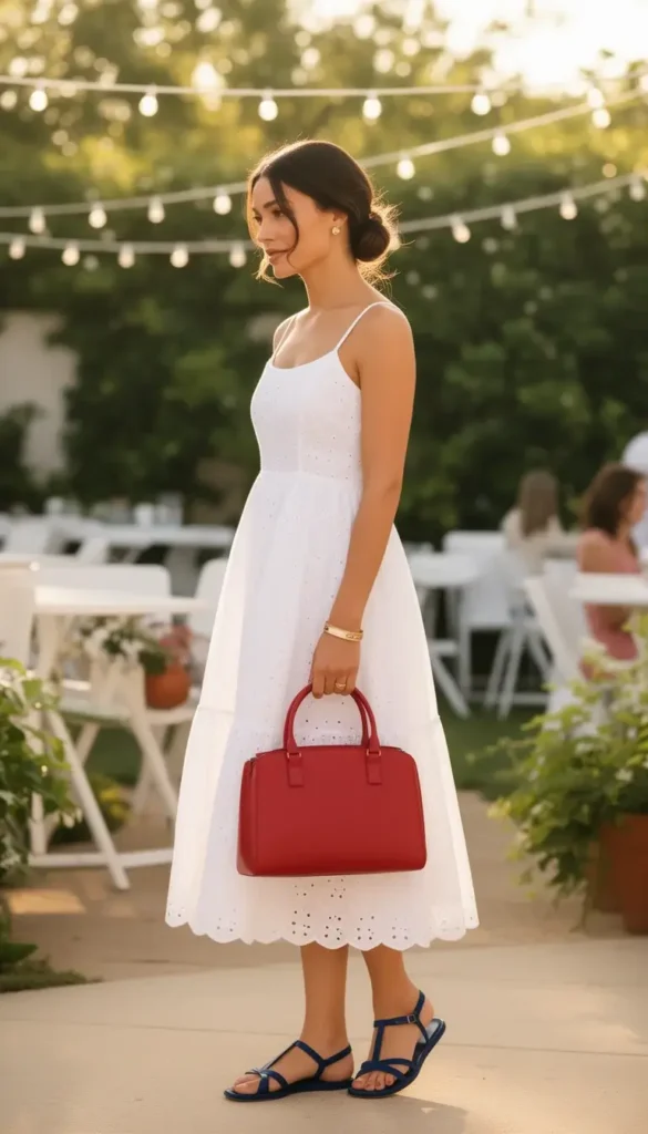 Petite woman in a white broderie anglaise midi dress with a red leather top-handle bag and navy flat sandals at a summer gathering.