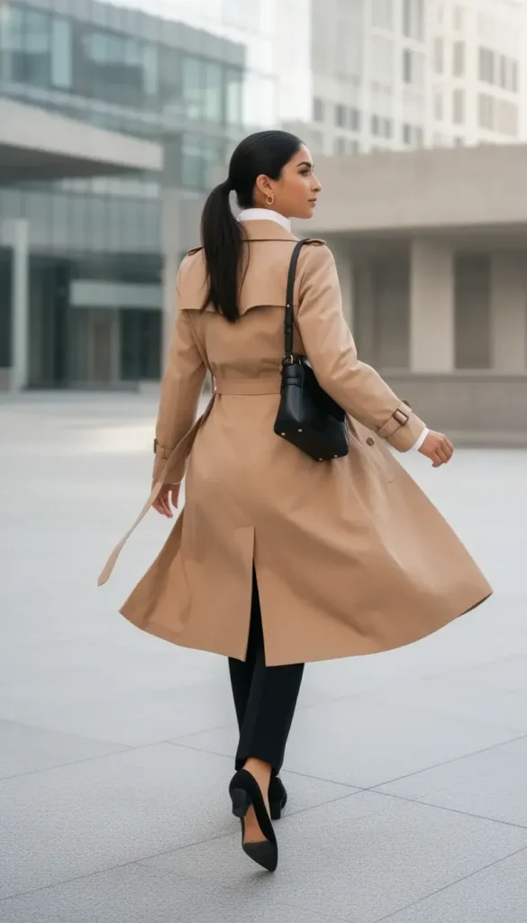 Petite Latina woman in an open camel trench coat and black trousers photographed over-the-shoulder mid-stride