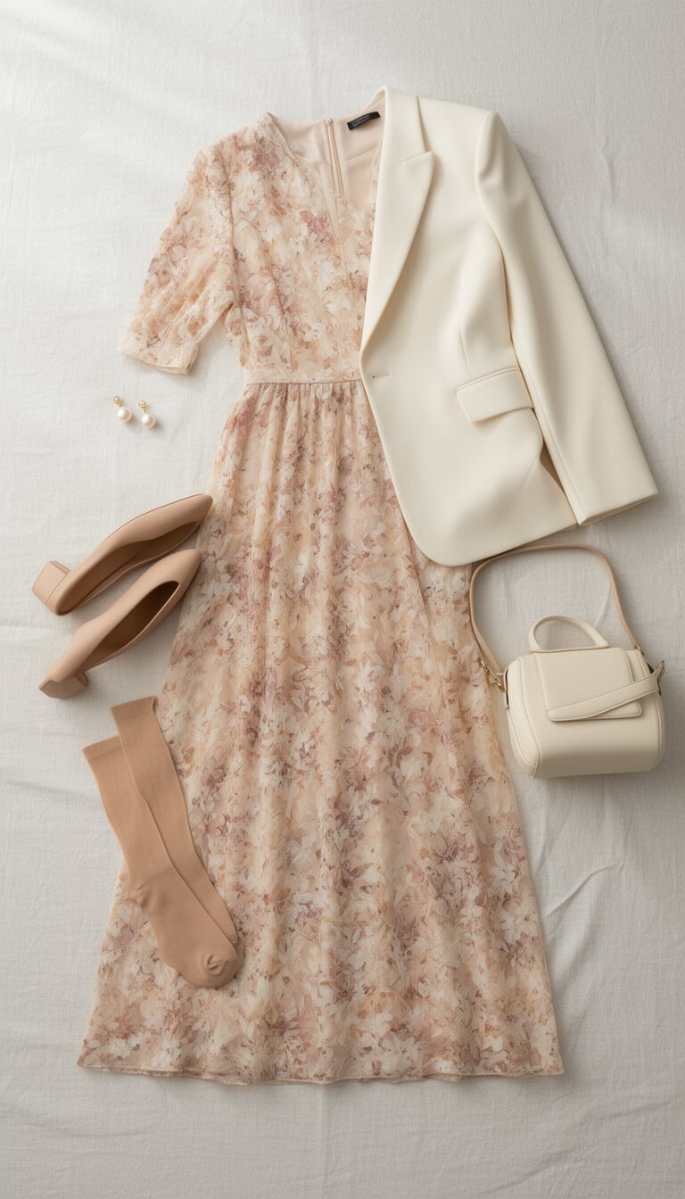 A styled flatlay of modest church outfit essentials including a floral midi dress, cream blazer, nude block heels, pearl earrings, and a structured handbag arranged on a light linen surface.