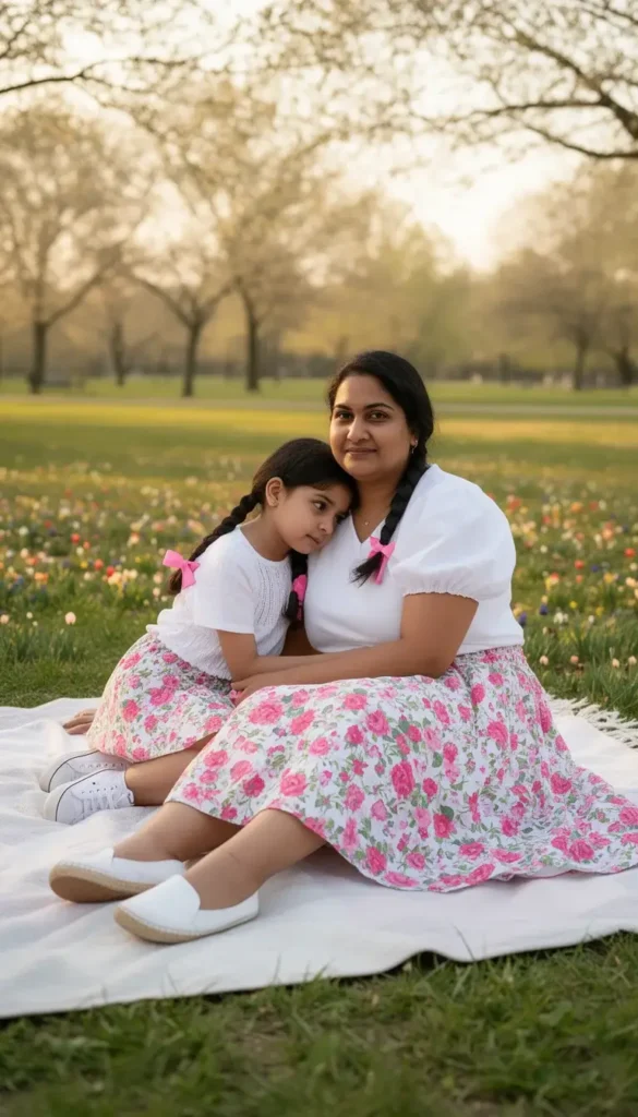 A mother and daughter in matching pink floral skirts and white tops sitting together at a spring picnic, the daughter leaning against her mother's shoulder.