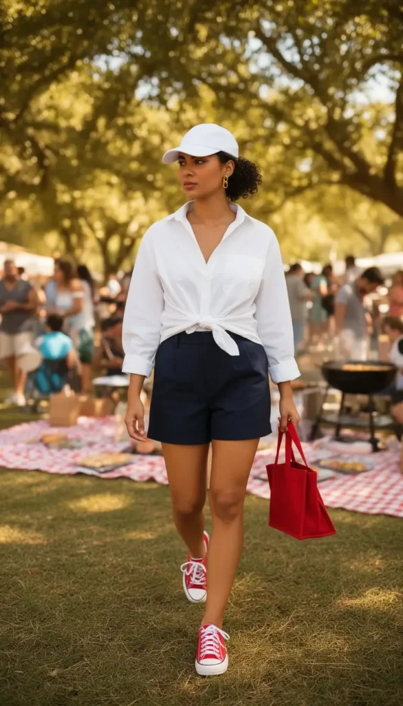 Petite woman in a tied white button-down over navy shorts with red sneakers and a white cap at an outdoor summer cookout.