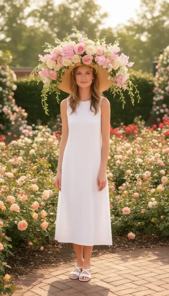 Woman wearing a natural straw wide-brim hat covered in fresh roses and sweet peas at the Kentucky Derby rose garden