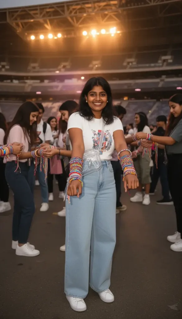 Young woman with a thick colorful friendship bracelet stack on both wrists in a BTS ARMY fan fashion post-show moment