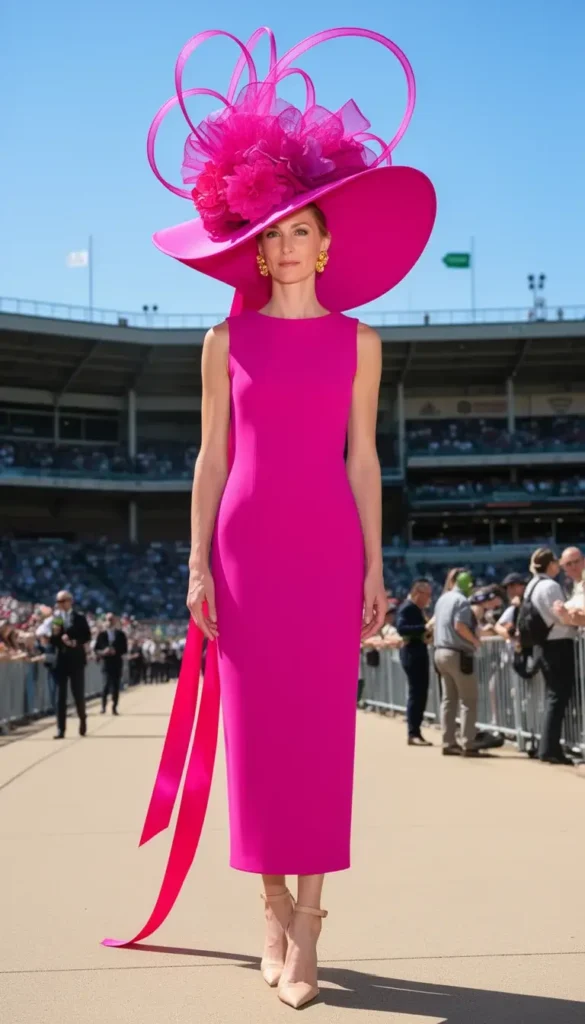 Tall woman in a vivid fuchsia sculptural avant-garde wide-brim hat at a Kentucky Derby fashion area