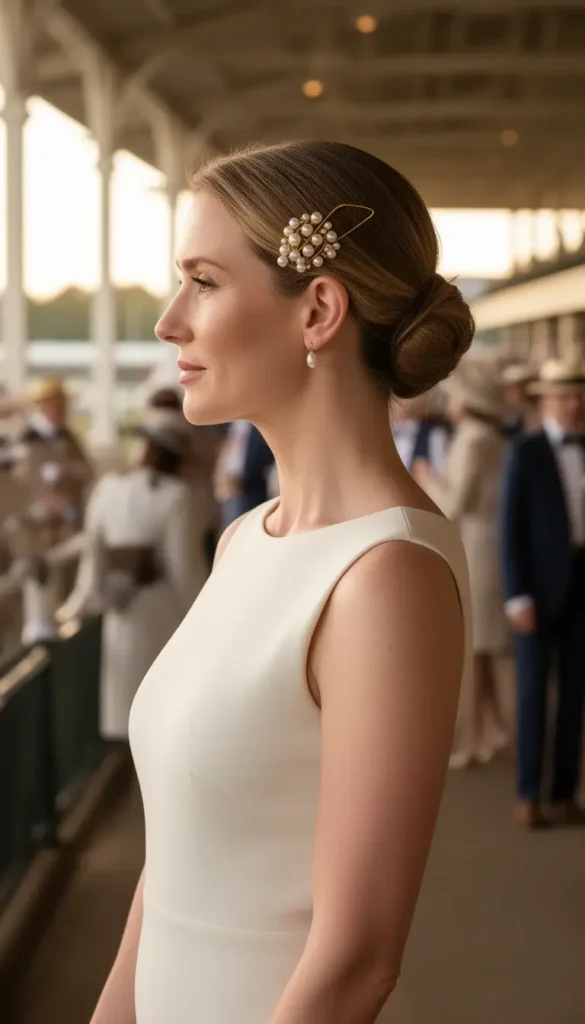 Woman with a minimal gold and pearl hairpin at a low chignon at the Kentucky Derby grandstand