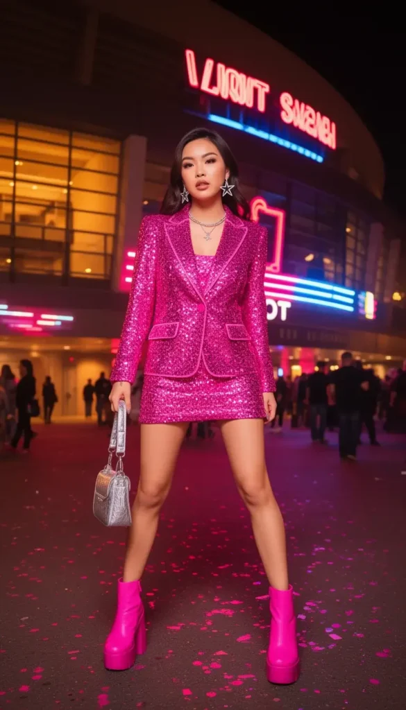 Woman in a hot pink sequin co-ord set and platform boots in a K-pop inspired concert outfit outside stadium