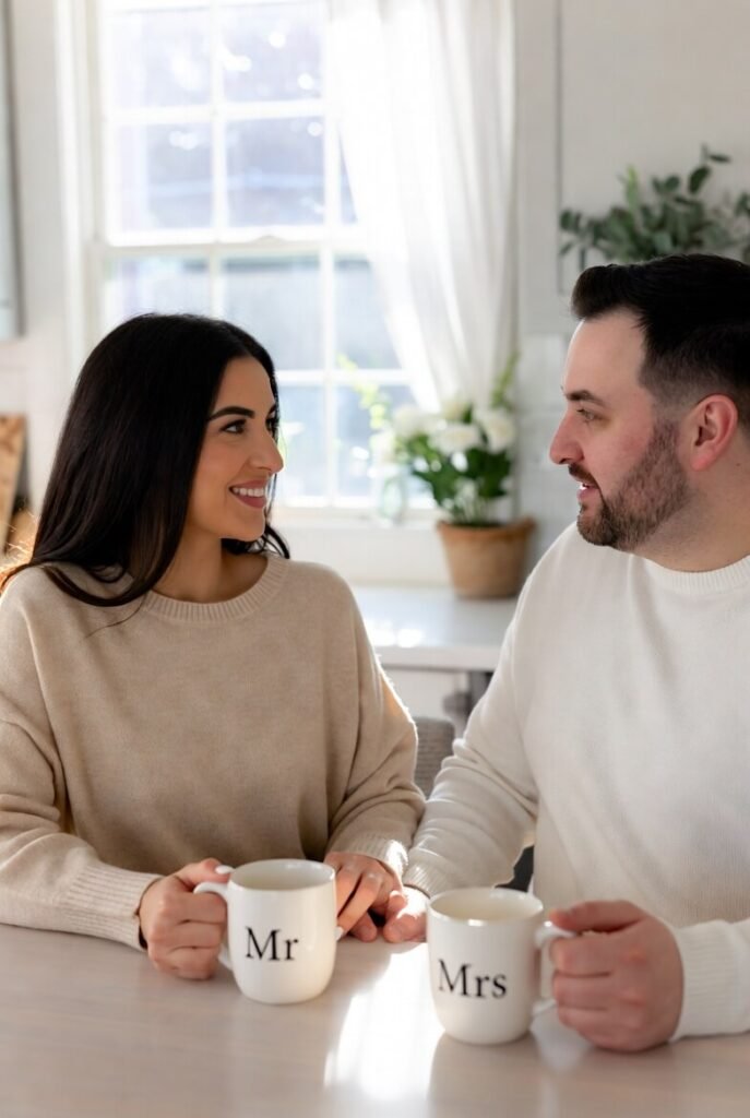Couple holding matching Mr and Mrs mugs at a breakfast table