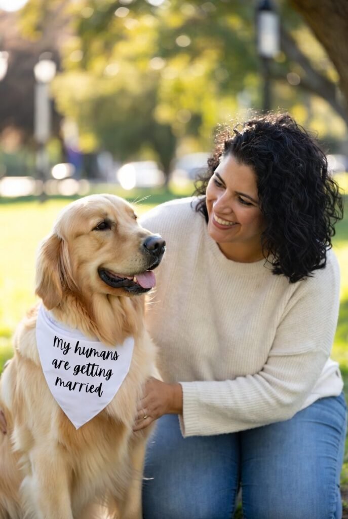 Golden retriever wearing a bandana announcing engagement in a garden setting