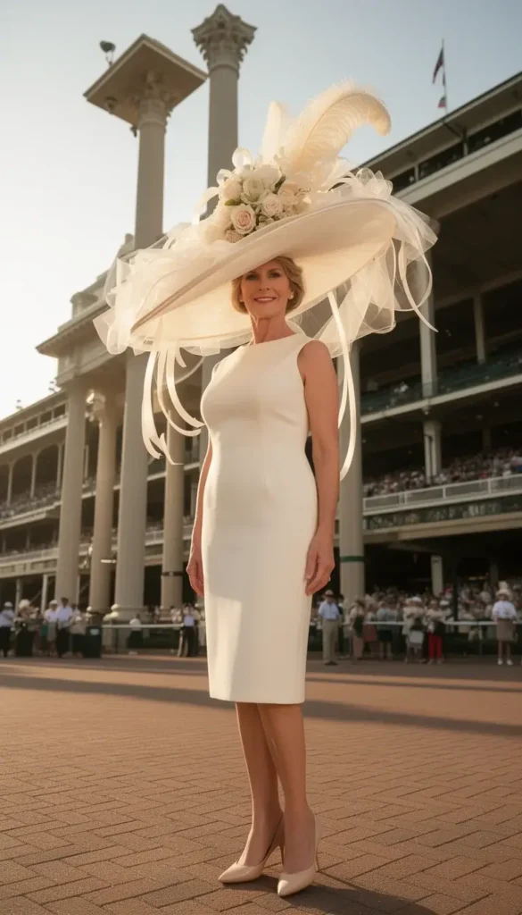 Woman in an enormous ivory picture hat with a fantasy tulle and ribbon crown at the Churchill Downs formal grandstand