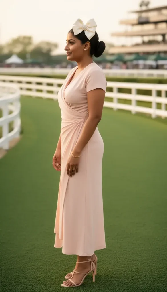  South Asian woman wearing a small ivory satin bow fascinator with a pearl center at the Kentucky Derby