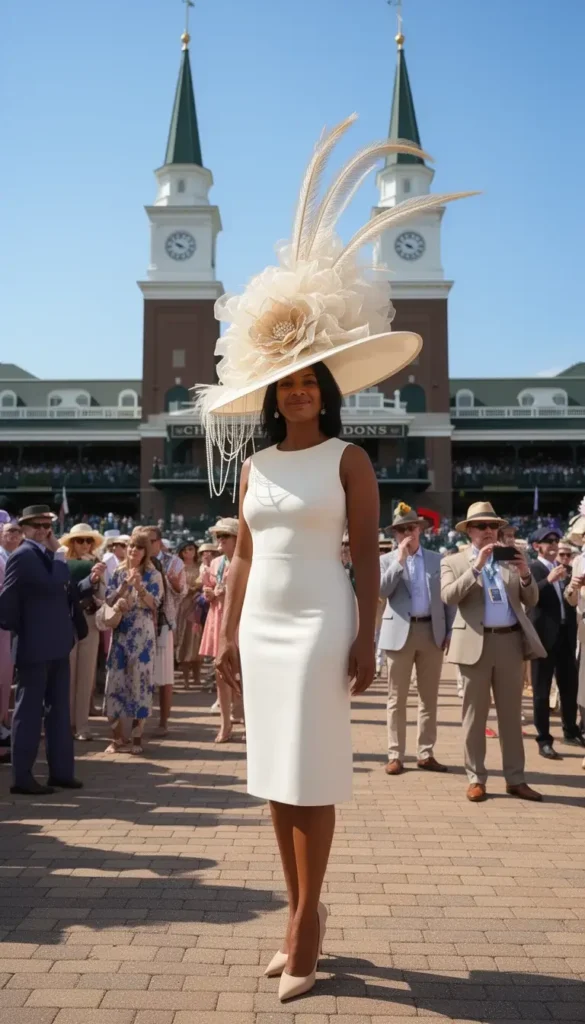 Woman wearing an enormous ivory architectural organza bloom hat with feather plumes as the Derby showstopper with Churchill Downs twin spires behind her