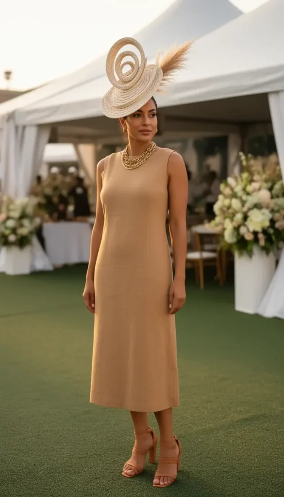 Woman wearing an ivory sculptural sisal fascinator with pampas grass at a Kentucky Derby hospitality area