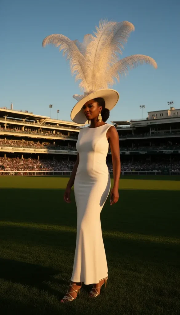 Woman in an ivory wide-brim hat with a dramatic upward spray of ostrich feathers at the Kentucky Derby grandstand