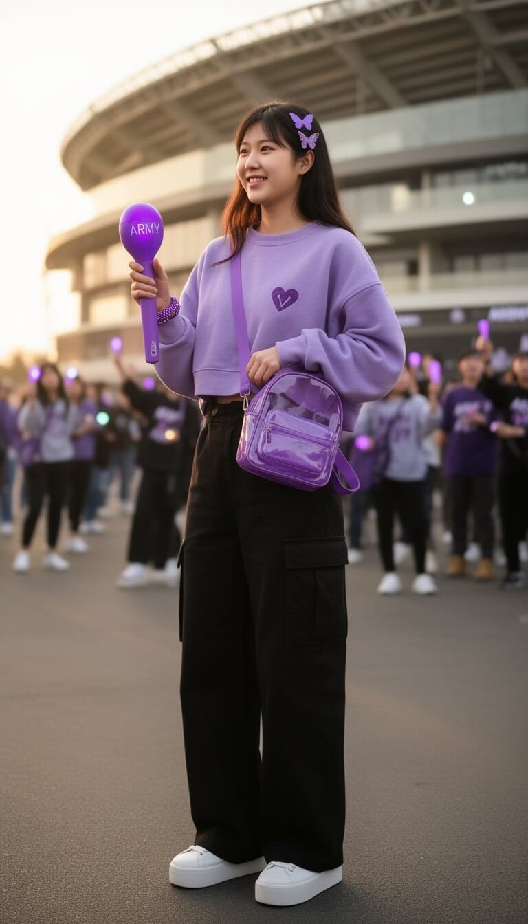 Young woman in a lavender crewneck and wide-leg black cargo pants holding an ARMY Bomb lightstick outside a BTS stadium show