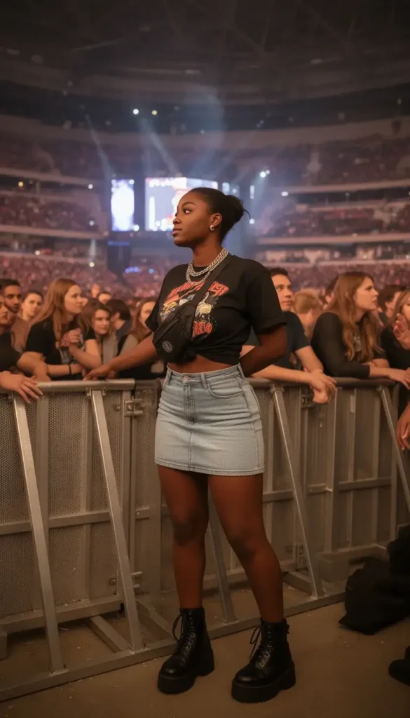 Young Black woman in a light-wash denim mini skirt and knotted graphic tee at the BTS stadium concert barrier