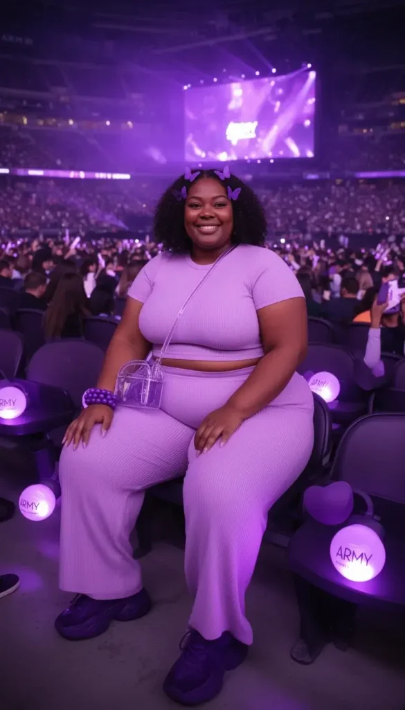 Curvy Black woman in a lilac ribbed matching co-ord set with purple accessories and ARMY Bomb at a BTS stadium show